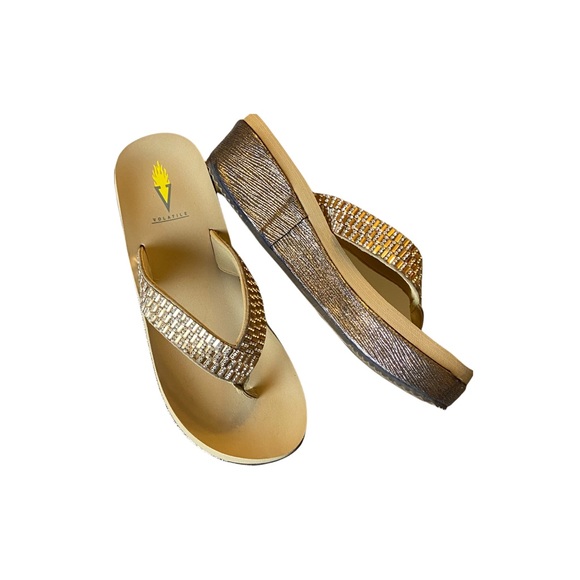Volatile Metallic Gold Jeweled Y2K Chunky Platform Flip Flops